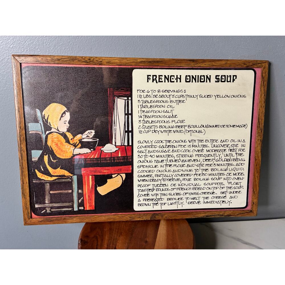 Vintage Framed “French Onion Soup” Recipe Kitchen Wall Art – Wood Frame